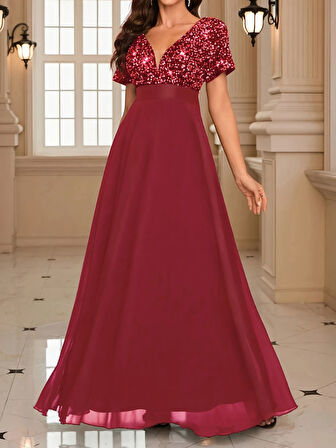 Kadın Kısa Kollu Derin V Yakalı A Kesim Pulpayet Detaylı şifon Nedime Elbisesi