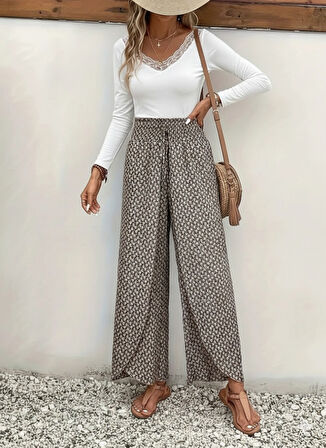 Kadın Yüksek Bel Lastikli önden Iki Parçalı Desenli Bürümcük Pantolon