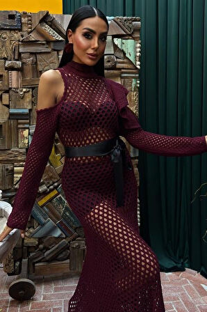 Saten Kuşaklı Ajurlu Triko Elbise 2847