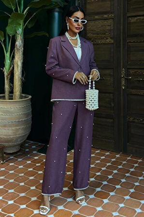 İnci Detaylı Ceket Pantolon Keten Takım 10124