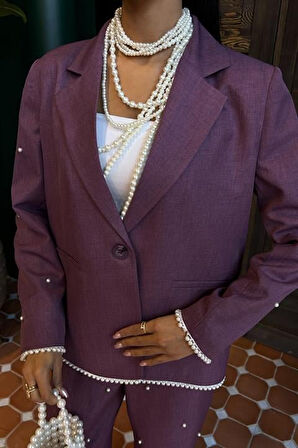 İnci Detaylı Ceket Pantolon Keten Takım 10124