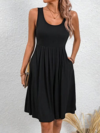 Kadın Askılı Yuvarlak Yaka önden Pileli Viskon Elbise