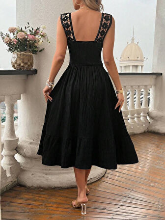 Kadın Askılı Ve Beli Dantel Detaylı Fırfırlı Uzun Bürümcük Elbise