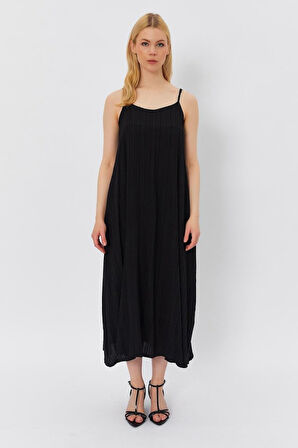 Askılı Uzun Çan Elbise - Siyah