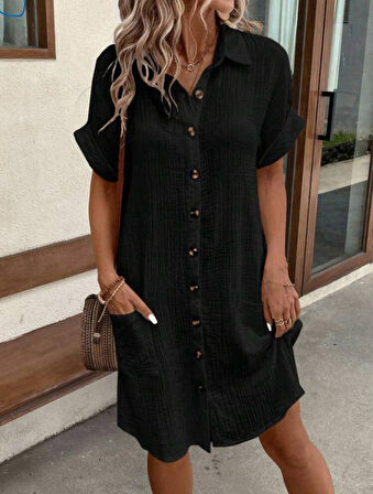 Kadın Kısa Kollu Bisiklet Yaka Yandan Yırtmaçlı Viskon Midi Elbise