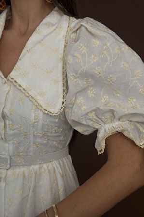 Bej Bebe Yaka Balon Kollu Brode Elbise