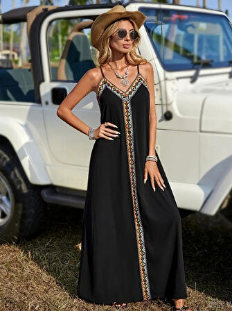 Kadın Askılı V Yakalı Etnik şerit Detaylı Uzun Viskon Elbise