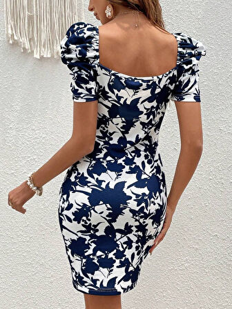 Kadın Kısa Kollu Kruvaze Yakalı çiçek Baskılı Süprem Elbise