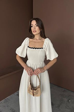 Bej Arkası Bağlamalı Keten Elbise