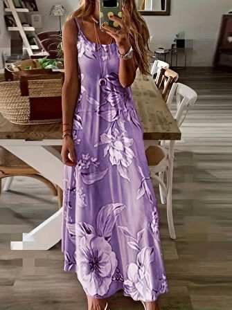 Kadın Askılı Yuvarlak Yaka Etek Geniş Kesim Desenli Süprem Elbise