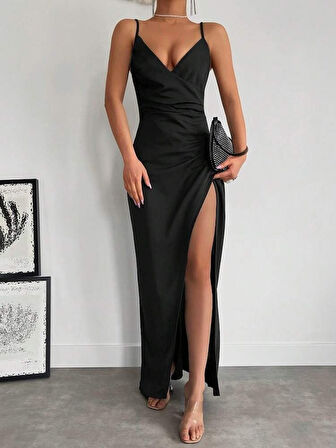 Kadın Askılı Kruvaze Yakalı Yırtmaçlı Krep Elbise