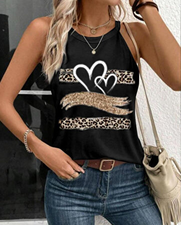 Kadın Sıfır Kol Halter Yaka Kalp Baskılı Viskon Bluz