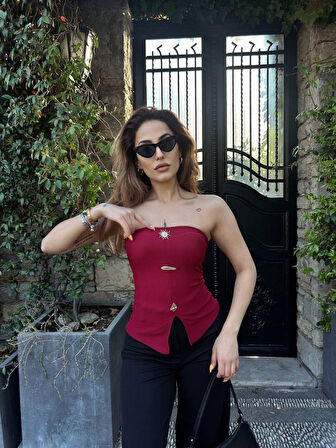 Kadın Ottoman Kumaş Düğme Detaylı Büstiyer Crop