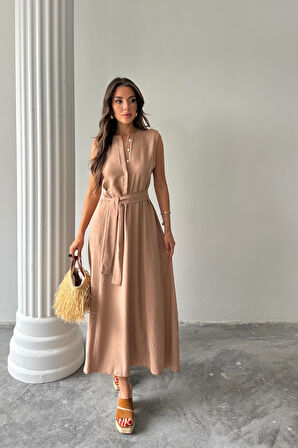KETEN ELBİSE KOLSUZ BEL BAĞLAMALI MAXİ ELBİSE - Kahverengi