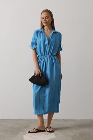 Beli Lastikli Elbise - Mavi