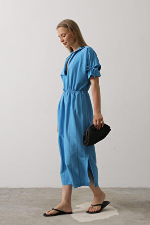 Beli Lastikli Elbise - Mavi