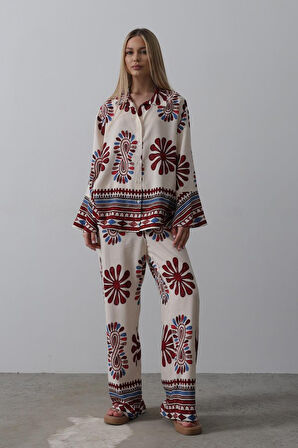 Desenli Kolları Volanlı Pantolon Takım - Kırmızı