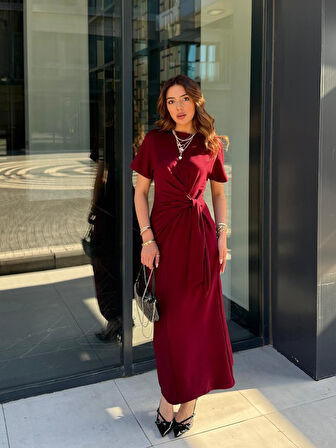 Kadın Kısa Kollu Bisiklet Yaka Yandan Bağlamalı Viskon Iki Iplik Elbise