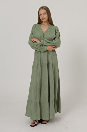 Önü Yarım Düğmeli Uzun Kol Kemerli Elbise - Haki