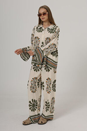 Desenli Kolları Volanlı Pantolon Takım - Haki