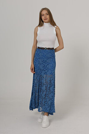 Bel Lastikli Dantel Etek - Mavi