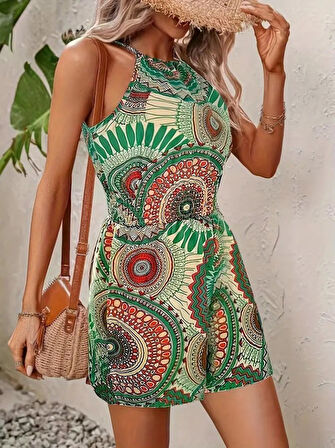 Kadın Omuzlardan Açık Boyun Arkasından Bağlamalı Beli Lastikli Desenli Süprem Kısa Tulum