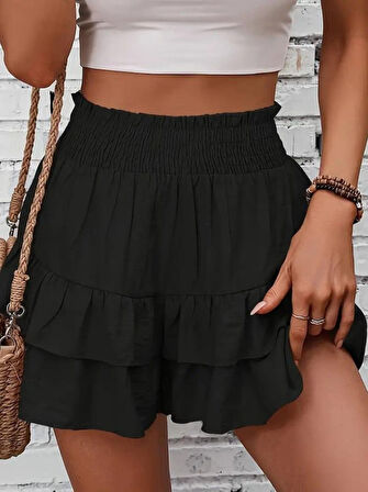 Kadın Beli Lastikli Eteği Fırfırlı Mini Etek