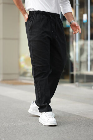 Erkek Beli Lastikli Keten Rahat Pantolon