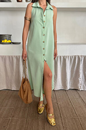 KETEN ÖNDEN DÜĞMELİ KOLSUZ GÖMLEK YAKA ELBİSE - Mint