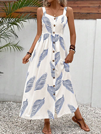 Kadın Askılı önden Düğmeli Yaprak Desenli Uzun Süprem Elbise