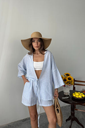 ÇİZGİLİ TUNİK -ŞORT TAKIM - Mavi