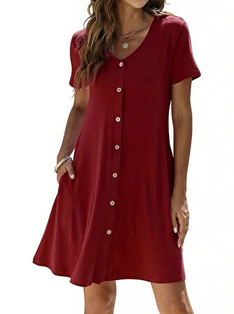 Kadın Kısa Kollu V Yaka önü Düğmeli Viskon Elbise