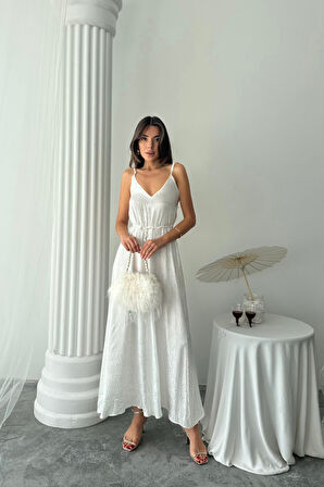 JAKAR SATEN DEGAJE ASKILI ELBİSE İP KEMERLİ - Beyaz