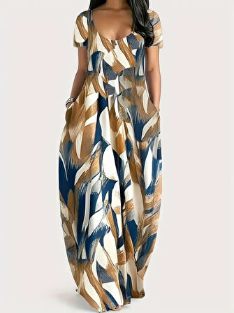 Kadın Kısa Kollu Yuvarlak Yaka Cepli Salaş Baskılı Süprem Elbise