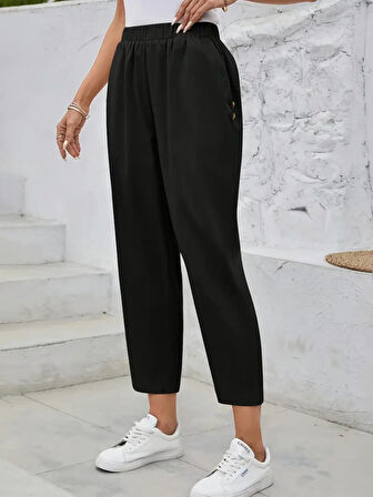 Kadın Yüksek Bel Yandan Cepli Düğme Detaylı Geniş Kesim Ithal Krep Pantolon