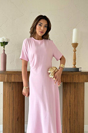 Pudra Pileli Bisiklet Yaka Elbise