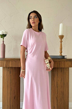 Pudra Pileli Bisiklet Yaka Elbise