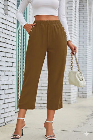 Kadın Beli Lastikli Düğme Ve Cep Detaylı Kapri Ithal Keten Pantolon