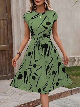 Kadın Kısa Yarasa Kollu Yuvarlak Yaka Beli Büzgülü Süprem Elbise