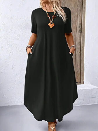 Kadın Kısa Kollu Bisiklet Yaka Cepli Salaş Viskon Elbise