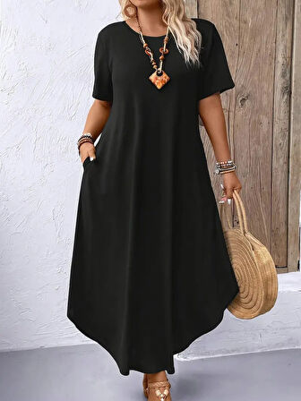 Kadın Kısa Kollu Bisiklet Yaka Cepli Salaş Viskon Elbise