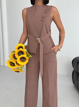 Ti̇na Asi̇metri̇k Keten Yelek Pantolon Takim