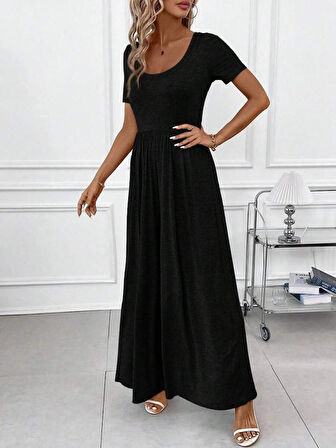 Kadın Kısa Kollu Yuvarlak Yaka Geniş Paçalı Bürümcük Tulum