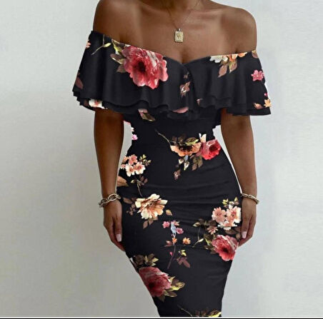 Kadın Madonna Yaka çiçek Baskılı Volan Detay Kalem Elbise