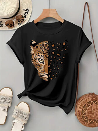 Kadın Kısa Kollu Bisiklet Yaka Desenli Viskon Bluz