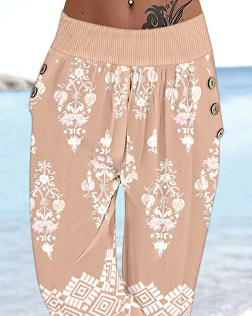 Kadın Beli Lastikli Etnik Desenli Kapri Süprem Pantolon