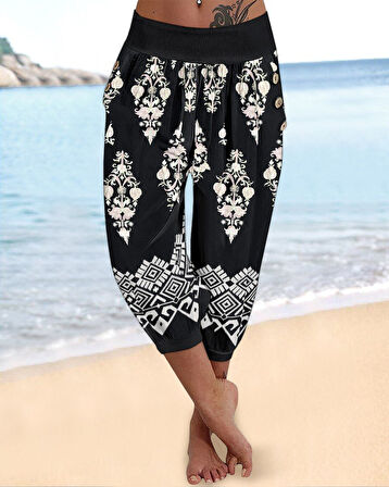Kadın Beli Lastikli Etnik Desenli Kapri Süprem Pantolon