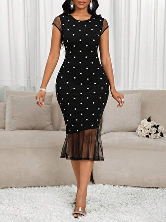 Kadın Kısa Kollu Bisiklet Yakalı Puantiyeli Tül Detaylı örme Krep Elbise