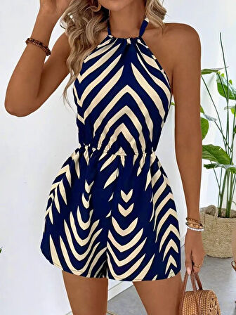 Kadın Boyundan Askılı Halter Yakalı Desenli Süprem Tulum