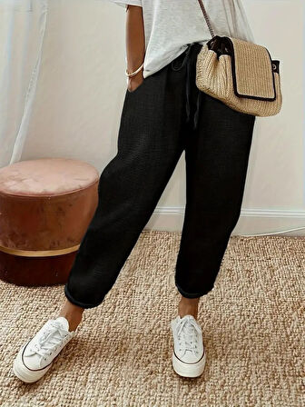 Kadın Yüksek Bel Lastikli Belde Bağcık Detaylı Aerobin Pantolon